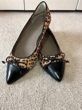 levity Leopard Print Flats with Black Patent Pointed Cap